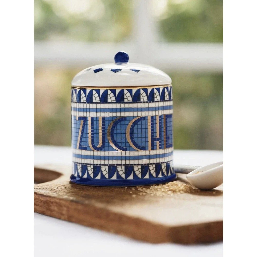 Anthropologie Bistro Tile Sugar Pot & Creamer Set Blue Gold Italia Stoneware NEW